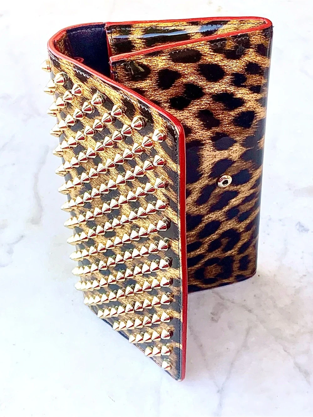 CHRISTIAN LOUBOUTIN MACARON PATENT SPIKED FLAP WALLET CLUTCH LEOPARD WRISTLET